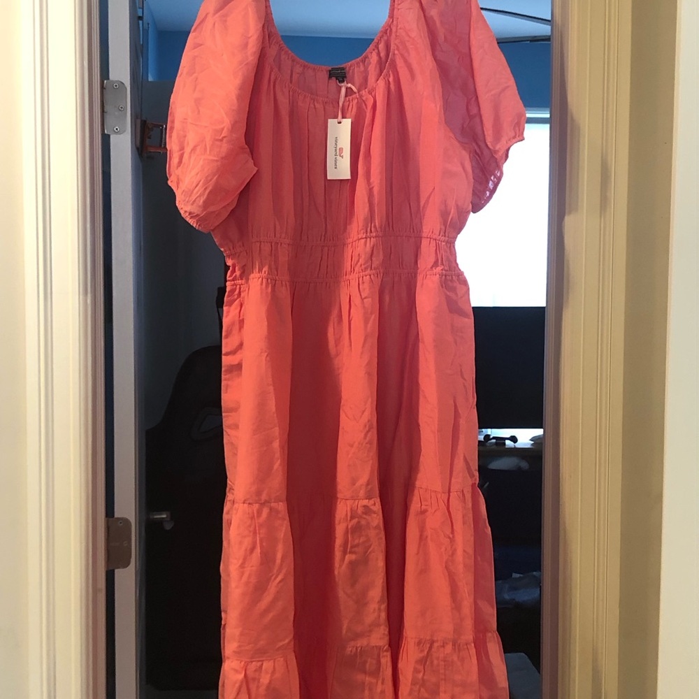 Vineyard Vines Coral Dress with Puff Sleeves